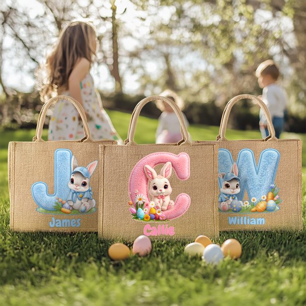 Conejito de Pascua Efecto Peluche Personalizado Huevos de Pascua Inicial Bolsa de Yute Grande con Nombre Uso Diario Regalo de Pascua para Niños Niñas