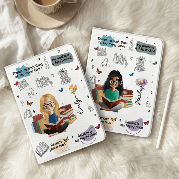 Personalised Cartoon Reading Girl Birth Flower Pad Case Protective Cover for iPad with Name and Bookish Quote Birthday Gift for Book Lovers Bookworms