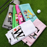 Personalised Cartoon Character Absorbent Waffle Golf Towel with Name and Initial Hanging Clip Sports Accessories Birthday Gift for Golf Player