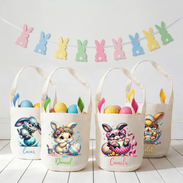 Personalised Cute Rabbit Easter Egg Bunny Ears Basket with Name Egg Hunting Party Easter Gift for Boys Girls
