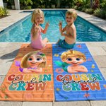 Personalized Cousin Crew Cartoon Character Quick Dry Oversized Microfiber Beach Towel and Drawstring Bag Set with Name Birthday Gift for Family
