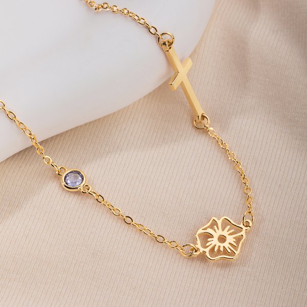 Personalized Birth Flower Birthstone Cross Necklace with Name Religious Jewellery Birthday Anniversary Gift for Women Christians
