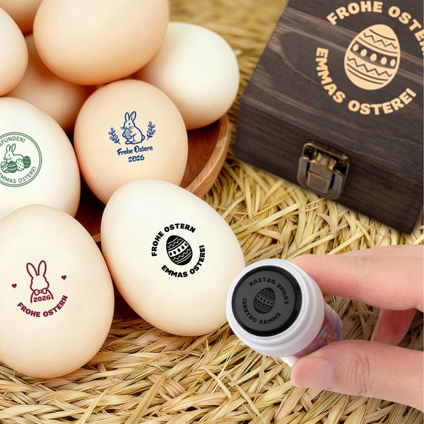 Personalisierter Stempel für Ostereier mit Osterhasen-Motiv und Wunschtext inklusive Tinte optional mit Holzbox Ostern Geschenk für Familie und Kinder