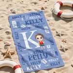 Asciugamano da spiaggia sovradimensionato personalizzato con nome, iniziale di un personaggio dei cartoni animati per bambini, regalo di compleanno per la festa in spiaggia.