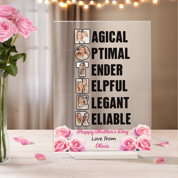 Targa in acrilico personalizzata con 1-6 foto, con nome e testo Regalo di compleanno per la festa della mamma e della nonna