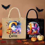 Personalized Ghost Pumpkin Initial Jute Tote Bag with Name Trick or Treat Activity Halloween Gift for Boys Girls