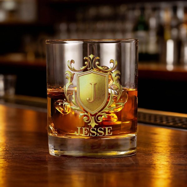 Gepersonaliseerd 295 ml Old Fashioned Whiskyglas met Goudkleurig Schild Initiaal en Naam Jubileum Verjaardagscadeau voor Man Barman Whiskyliefhebber