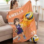Personalised Volleyball Cartoon Character Soft Throw Blanket with Name and Number Birthday Game Day Gift for Volleyball Players