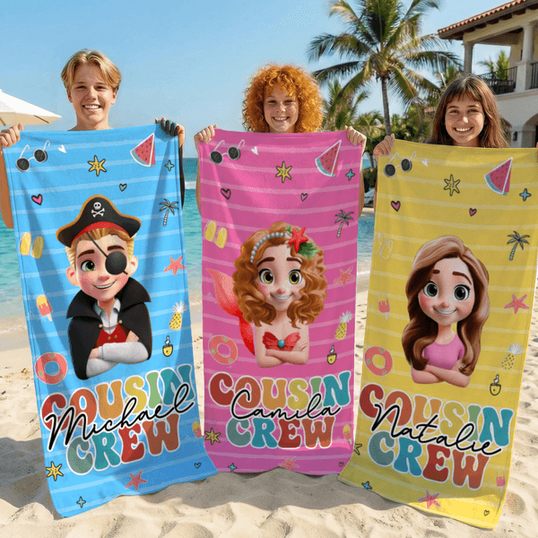 Personalized Cousin Crew Cartoon Character Quick Dry Oversized Microfiber Beach Towel and Drawstring Bag Set with Name Birthday Gift for Family