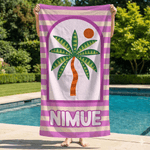 Personalized Palm Tree Striped Quick Dry Oversized Microfiber Beach Towel with Name Summer Holiday Travel Use Birthday Gift for Family Friends