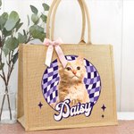 Personalised Oil Painting Style Pet Photo Checkered Jute Tote Bag with Name Daily Use Birthday Gift for Women Pet Owners