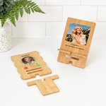 Photo personnalisée Support portable détachable en bambou pour téléphone et Ipad avec nom, texte et date Organisateur de bureau Utilisation quotidienne Cadeau d'anniversaire pour la famille