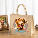 Personalised Oil Painting Style Pet Photo Checkered Jute Tote Bag with Name Daily Use Birthday Gift for Women Pet Owners