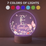 Personalised Pink Flower Butterfly Seven Colours Initial LED Night Light with Name and Wooden Base Room Decor Birthday Gift for Woman Friend
