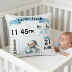 Personalized Cute Bear Pattern Initial Soft Throw Pillow Cover with Name and Birth Information Nursery Room Decor Birthday Gift for Newborns