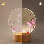 Personalised Pink Flower Butterfly Seven Colours Initial LED Night Light with Name and Wooden Base Room Decor Birthday Gift for Woman Friend