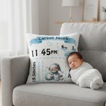 Personalized Cute Bear Pattern Initial Soft Throw Pillow Cover with Name and Birth Information Nursery Room Decor Birthday Gift for Newborns
