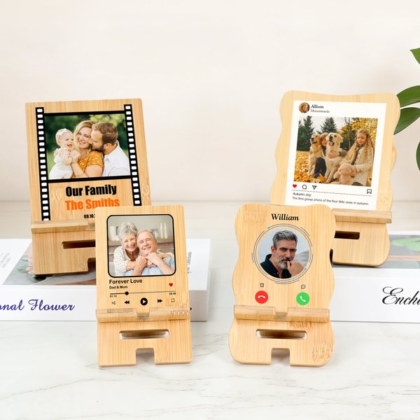 Photo personnalisée Support portable détachable en bambou pour téléphone et Ipad avec nom, texte et date Organisateur de bureau Utilisation quotidienne Cadeau d'anniversaire pour la famille