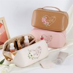 Personalized Heart Birth Flower Hand in Hand Design PU Leather Makeup Bag with Names and Handle Birthday Mother's Day Gift for Mom Grandma