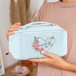 Personalized Heart Birth Flower Hand in Hand Design PU Leather Makeup Bag with Names and Handle Birthday Mother's Day Gift for Mom Grandma