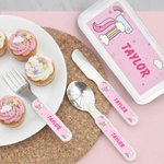 Personalised Fantasy Unicorn Fork Spoon Knife 3 Pcs Cutlery Set with Name and Case Back to School Birthday Gift for Boys Girls