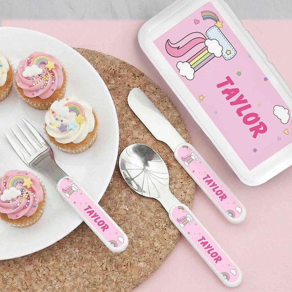 Personalised Fantasy Unicorn Fork Spoon Knife 3 Pcs Cutlery Set with Name and Case Back to School Birthday Gift for Boys Girls