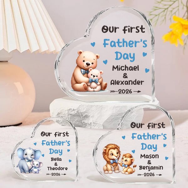 Personalised Cute Animal Heart Acrylic Plaque with Name and Year Home Decor First Father's Day Birthday Gift for Baby Daddy