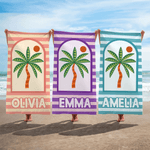 Personalized Palm Tree Striped Quick Dry Oversized Microfiber Beach Towel with Name Summer Holiday Travel Use Birthday Gift for Family Friends