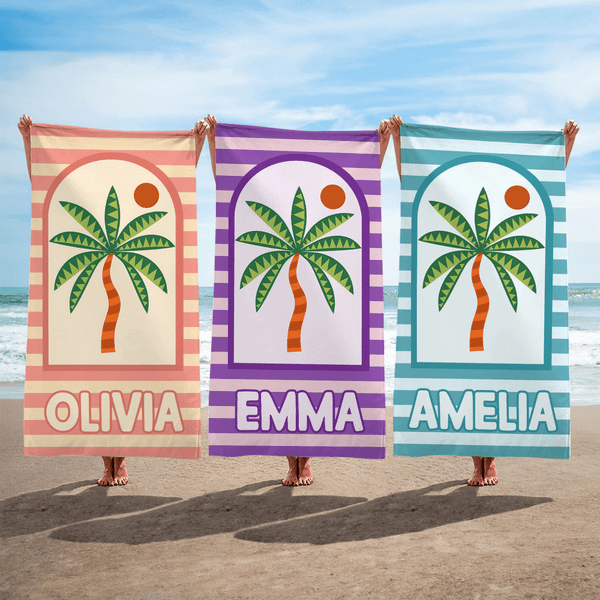 Personalized Palm Tree Striped Quick Dry Oversized Microfiber Beach Towel with Name Summer Holiday Travel Use Birthday Gift for Family Friends