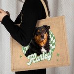 Personalised Oil Painting Style Pet Photo Checkered Jute Tote Bag with Name Daily Use Birthday Gift for Women Pet Owners