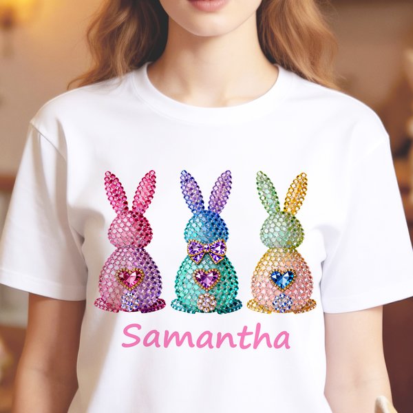 Personalized Diamond Rabbit Pattern T-shirt  Sweatshirt Hoodie with Name Everyday Outfit Easter Birthday Gift for Mother Women