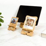 Photo personnalisée Support portable détachable en bambou pour téléphone et Ipad avec nom, texte et date Organisateur de bureau Utilisation quotidienne Cadeau d'anniversaire pour la famille