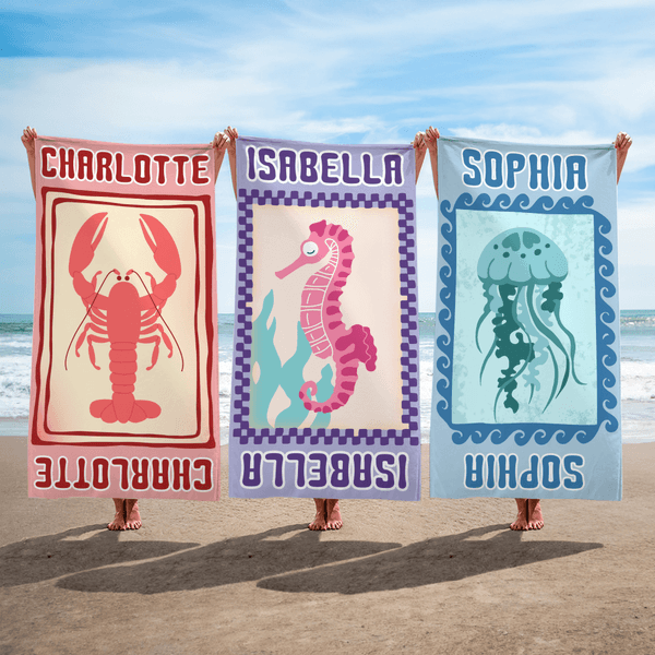 Personalized Ocean Creature Quick Dry Oversized Microfiber Beach Towel with Name Travel Essentials Beach Party Birthday Gift for Friends