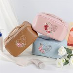 Personalized Heart Birth Flower Hand in Hand Design PU Leather Makeup Bag with Names and Handle Birthday Mother's Day Gift for Mom Grandma