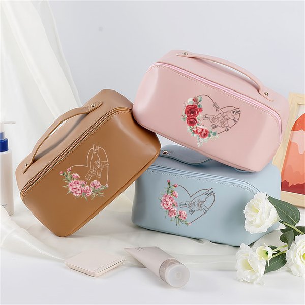 Personalized Heart Birth Flower Hand in Hand Design PU Leather Makeup Bag with Names and Handle Birthday Mother's Day Gift for Mom Grandma