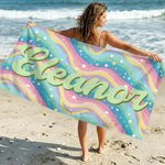 Personalized Fantasy Rainbow Color-Blocking Name Quick Dry Microfiber Beach Towel and Drawstring Bag Set Vacation Birthday Gift for Family Friends
