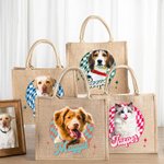 Personalised Oil Painting Style Pet Photo Checkered Jute Tote Bag with Name Daily Use Birthday Gift for Women Pet Owners
