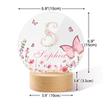Personalised Pink Flower Butterfly Seven Colours Initial LED Night Light with Name and Wooden Base Room Decor Birthday Gift for Woman Friend