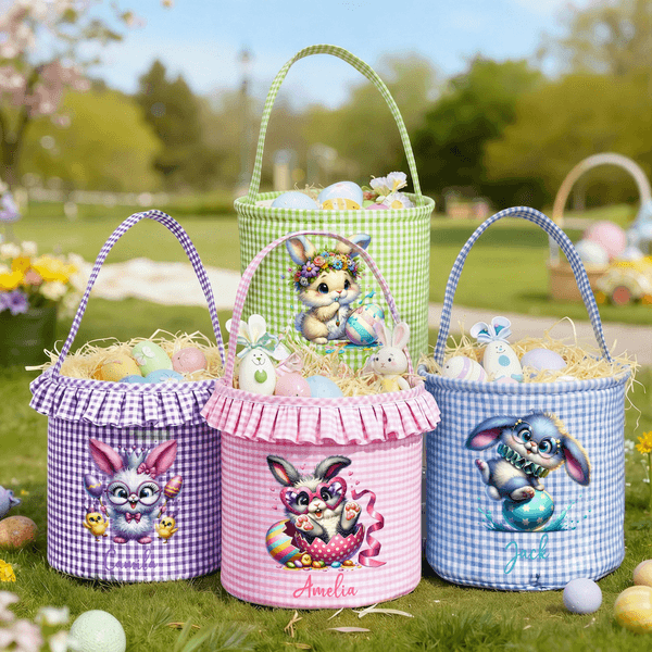 Personalized Funny Easter Bunny Eggs Plaid Easter Basket with Name and Ruffles Eggs Hunting Party Easter Gift for Kids