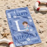 Personalized Cartoon Character Word Cloud Quick Dry Oversized Beach Towel with Initial and Name Beach Party Birthday Gift for Family