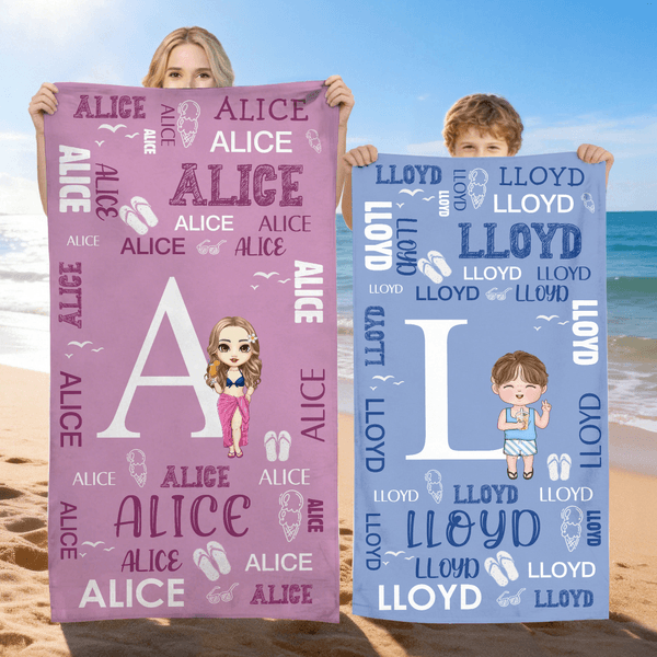 Personalized Cartoon Character Word Cloud Quick Dry Oversized Beach Towel with Initial and Name Beach Party Birthday Gift for Family