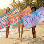Personalized Fantasy Rainbow Color-Blocking Name Quick Dry Microfiber Beach Towel and Drawstring Bag Set Vacation Birthday Gift for Family Friends
