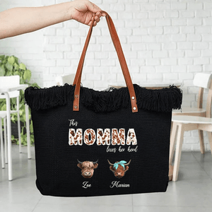 Personalized Highland Cow Canvas Tote Bag with 1-8 Names and Title Travel Essentials Mother's Day Gift for Mother Grandmother