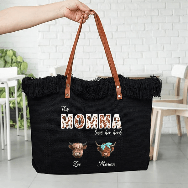 Henkilökohtainen Highland Cow Canvas Kangas Kangaskassi kanssa 1-8 nimet ja otsikko Travel Essentials Äitienpäivä lahja äidille isoäidille