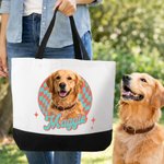 Personalized Oil Painting Pet Photo Checkered Large Capacity Tote Bag with Name Daily Use Birthday Gift for Pet Lovers Owners