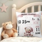 Personalized Cute Bear Pattern Initial Soft Throw Pillow Cover with Name and Birth Information Nursery Room Decor Birthday Gift for Newborns