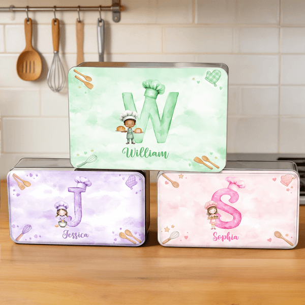 Personalised Cartoon Chef Character Watercolor Style Biscuit Tin Box with Name and Initial Baking Tools Easter Party Birthday Gift for Kids