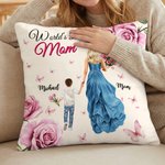 Personalized Rose Cartoon Mom Kid Soft Throw Pillow Cover with Name Home Decor Mother's Day Gift for Mother Grandma