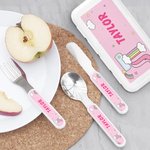 Personalised Fantasy Unicorn Fork Spoon Knife 3 Pcs Cutlery Set with Name and Case Back to School Birthday Gift for Boys Girls