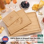 Personalized Engraved Leaves Monogram FSC Bamboo Cutting Board with Juice Groove and Family Name Made in USA Wedding Gift for Couple Newlywed